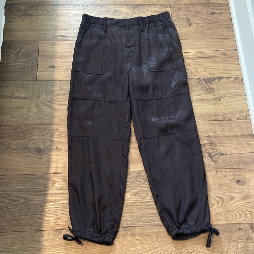 Anthropologie Black Satin Flower Embossed Pants